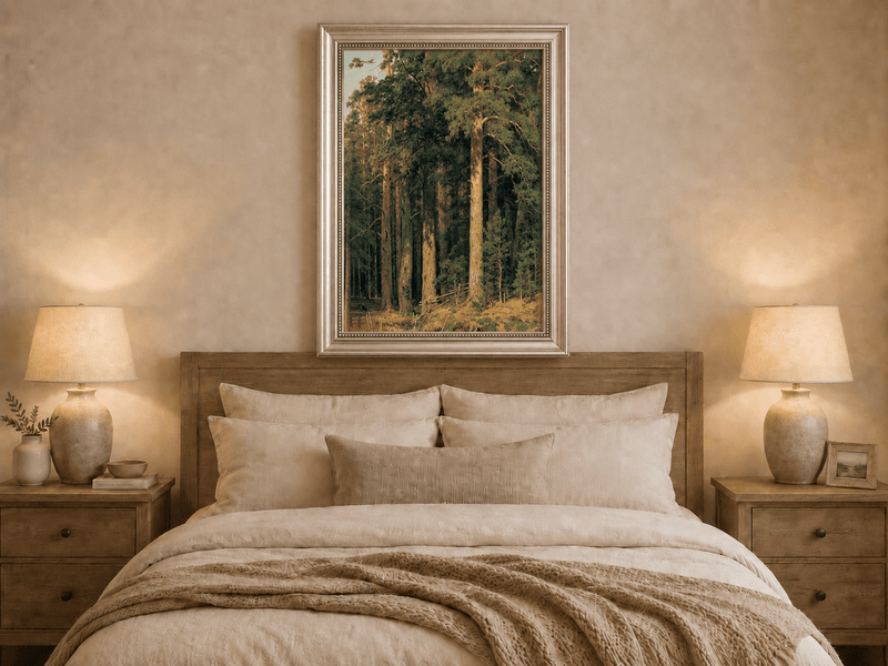 Framed hand-painted tall pine forest oil painting with sunlit trunks and dense woodland displayed above a wooden bed in a neutral bedroom.
