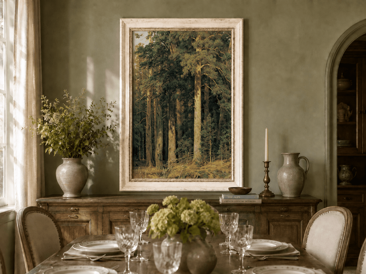 Framed hand-painted tall pine forest oil painting with sunlit trunks and dense woodland displayed above a formal dining table.
