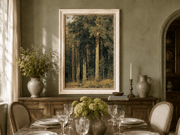 Framed hand-painted tall pine forest oil painting with sunlit trunks and dense woodland displayed above a formal dining table.
