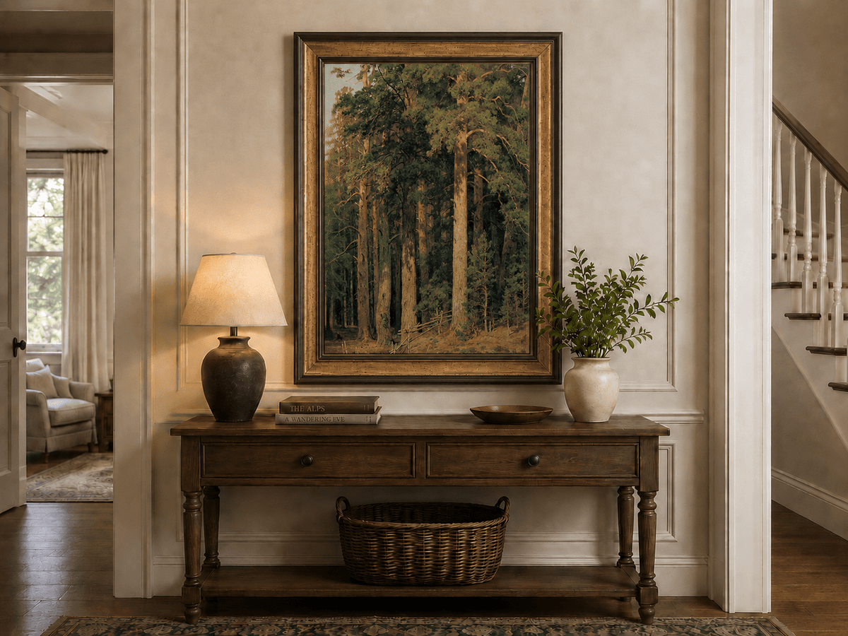 Framed hand-painted tall pine forest oil painting with sunlit trunks and dense woodland displayed above an entryway console table.