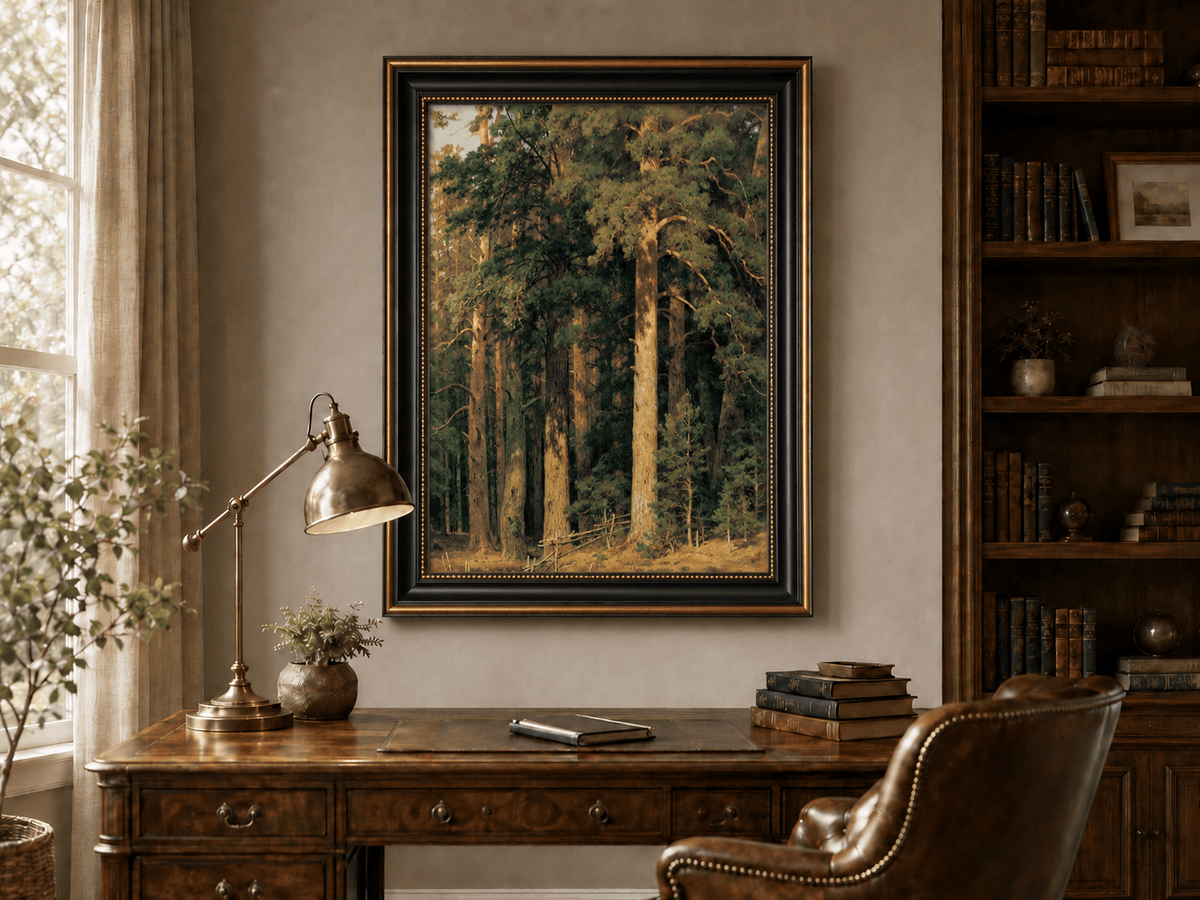 Framed hand-painted tall pine forest oil painting with sunlit trunks and dense woodland displayed above a traditional home office desk.