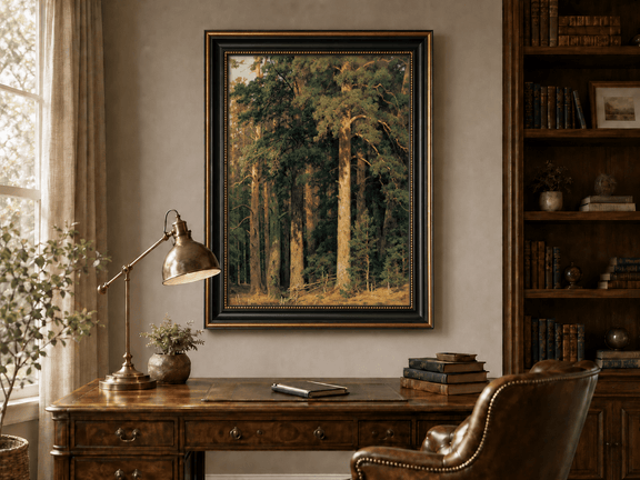 Framed hand-painted tall pine forest oil painting with sunlit trunks and dense woodland displayed above a traditional home office desk.