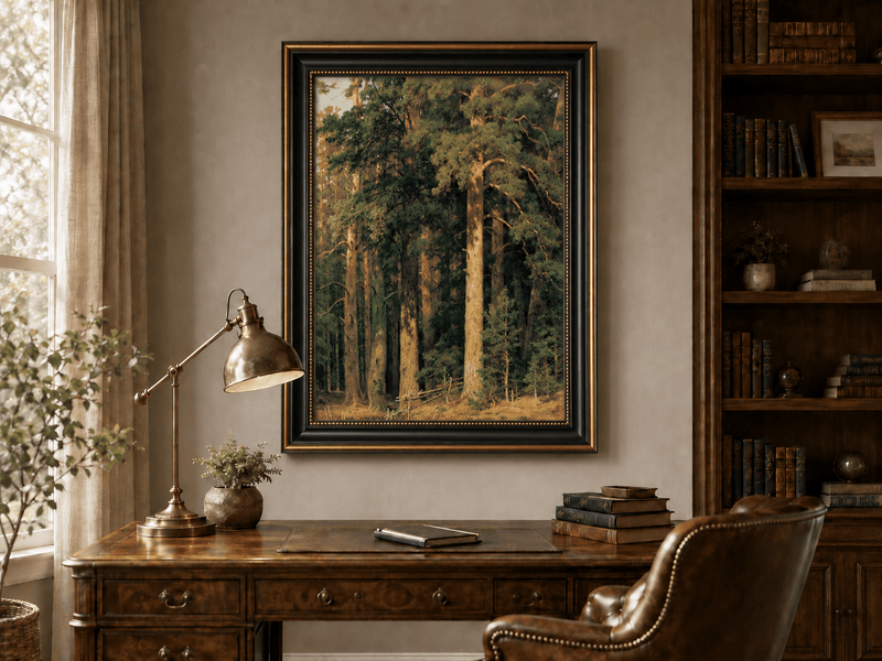 Framed hand-painted tall pine forest oil painting with sunlit trunks and dense woodland displayed above a traditional home office desk.