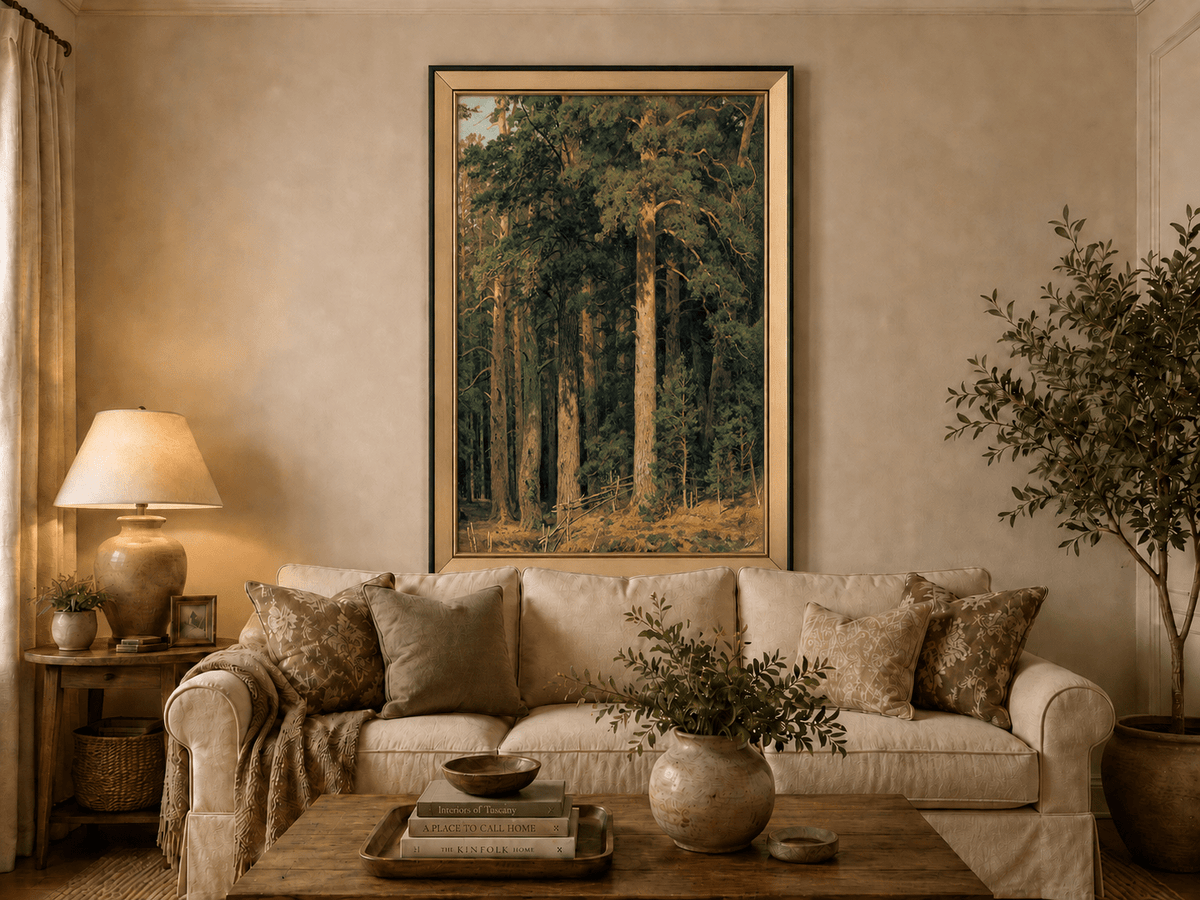 Framed hand-painted tall pine forest oil painting with sunlit trunks and dense woodland displayed above a neutral living room sofa.