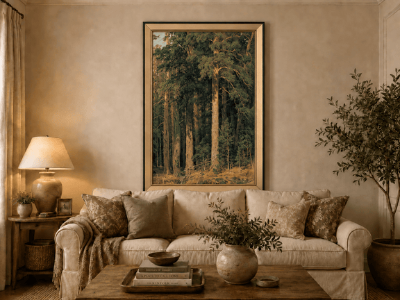 Framed hand-painted tall pine forest oil painting with sunlit trunks and dense woodland displayed above a neutral living room sofa.
