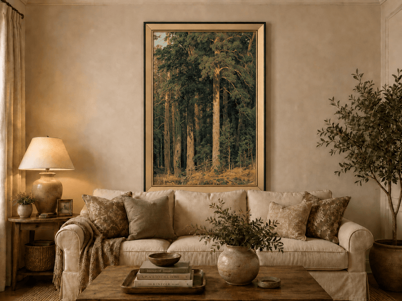 Framed hand-painted tall pine forest oil painting with sunlit trunks and dense woodland displayed above a neutral living room sofa.