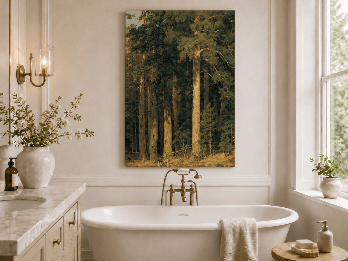 Unframed hand-painted tall pine forest oil painting with sunlit trunks and dense woodland displayed above a freestanding bathtub.