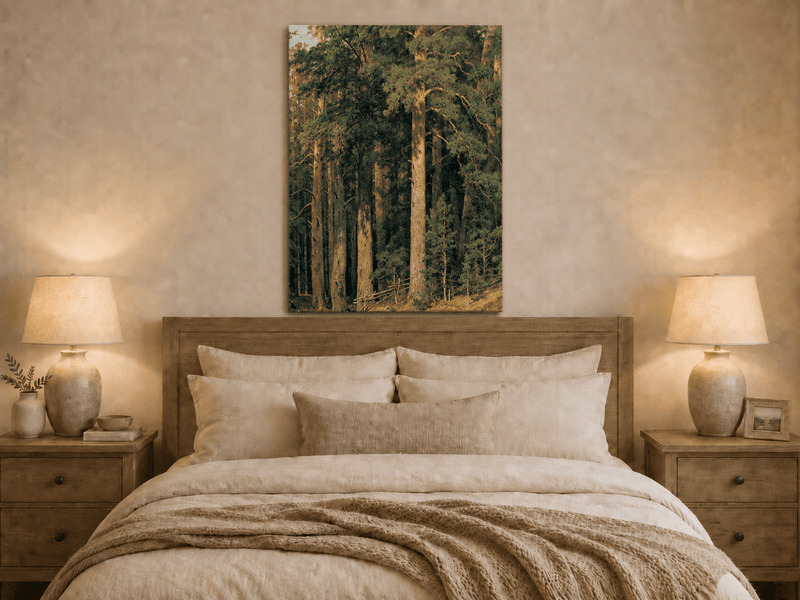 Unframed hand-painted tall pine forest oil painting with sunlit trunks and dense woodland displayed above a wooden bed in a neutral bedroom.