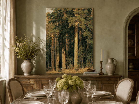 Unframed hand-painted tall pine forest oil painting with sunlit trunks and dense woodland displayed above a formal dining table.