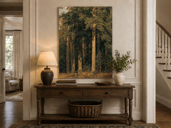 Unframed hand-painted tall pine forest oil painting with sunlit trunks and dense woodland displayed above an entryway console table.