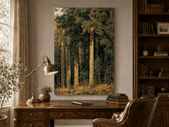 Unframed hand-painted tall pine forest oil painting with sunlit trunks and dense woodland displayed above a traditional home office desk.