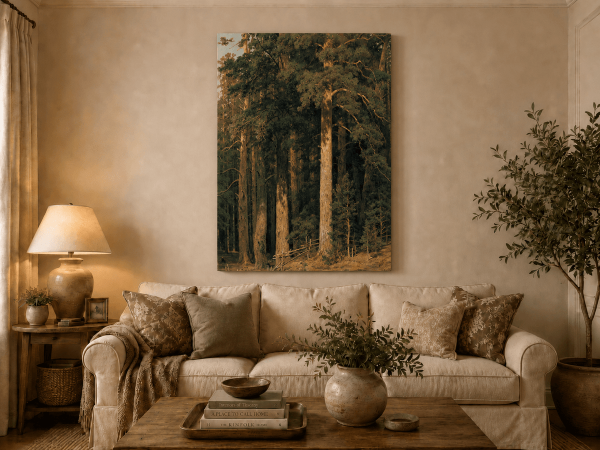 Unframed hand-painted tall pine forest oil painting with sunlit trunks and dense woodland displayed above a neutral living room sofa.