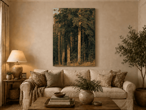 Unframed hand-painted tall pine forest oil painting with sunlit trunks and dense woodland displayed above a neutral living room sofa.