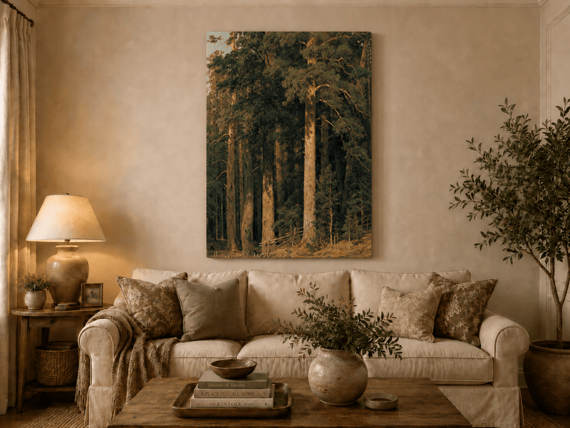 Unframed hand-painted tall pine forest oil painting with sunlit trunks and dense woodland displayed above a neutral living room sofa.