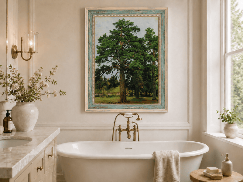 Framed hand-painted woodland meadow oil painting with a grove of tall pine trees displayed above a freestanding bathtub.