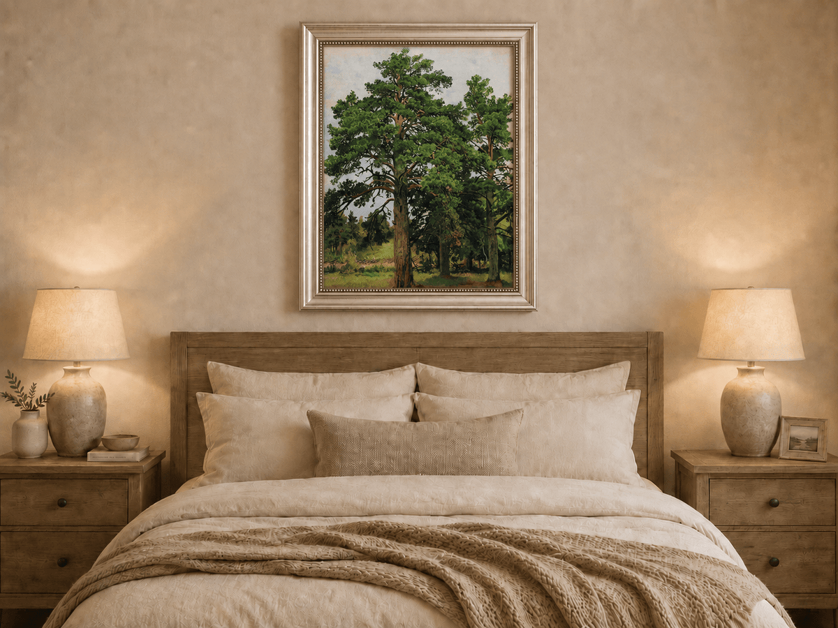 Framed hand-painted woodland meadow oil painting with a grove of tall pine trees displayed above a wooden bed in a neutral bedroom.