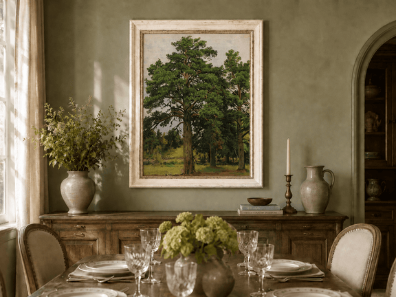 Framed hand-painted woodland meadow oil painting with a grove of tall pine trees displayed above a formal dining table.