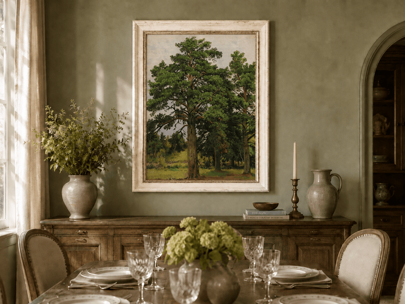 Framed hand-painted woodland meadow oil painting with a grove of tall pine trees displayed above a formal dining table.