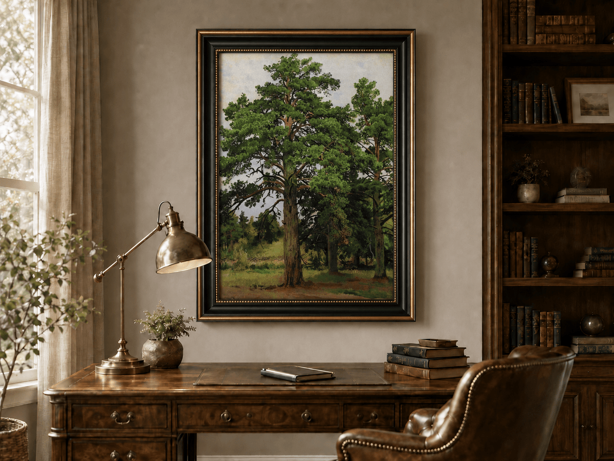 Framed hand-painted woodland meadow oil painting with a grove of tall pine trees displayed above a traditional home office desk.