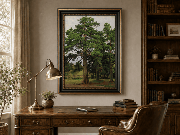 Framed hand-painted woodland meadow oil painting with a grove of tall pine trees displayed above a traditional home office desk.