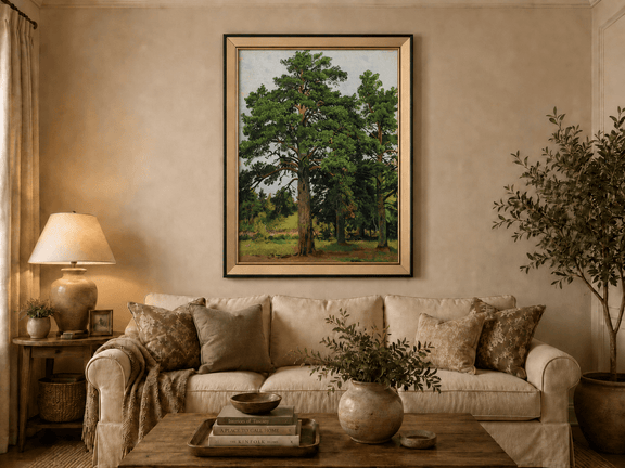 Framed hand-painted woodland meadow oil painting with a grove of tall pine trees displayed above a neutral living room sofa.