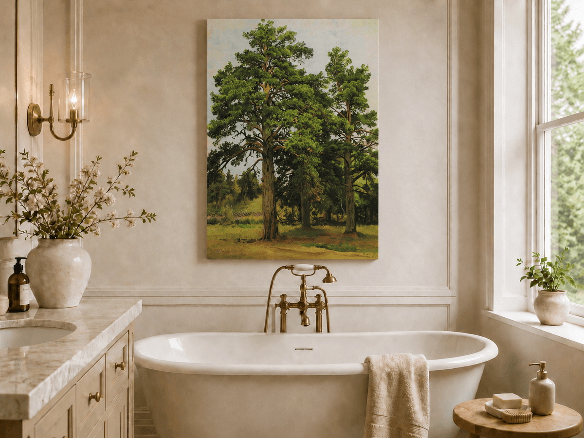 Unframed hand-painted woodland meadow oil painting with a grove of tall pine trees displayed above a freestanding bathtub.