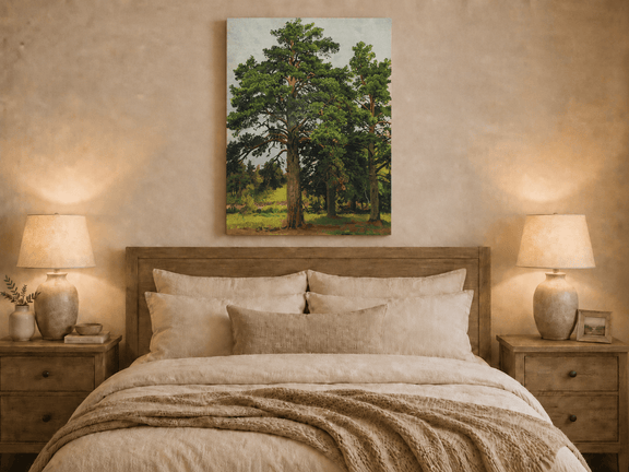 Unframed hand-painted woodland meadow oil painting with a grove of tall pine trees displayed above a wooden bed in a neutral bedroom.