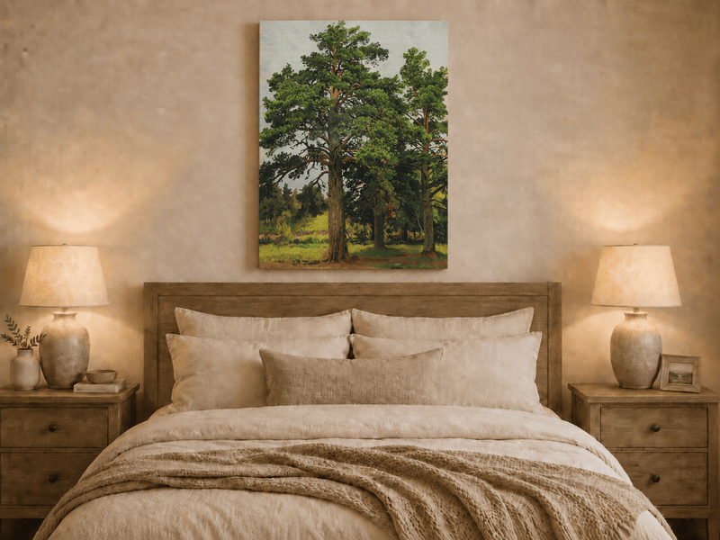 Unframed hand-painted woodland meadow oil painting with a grove of tall pine trees displayed above a wooden bed in a neutral bedroom.