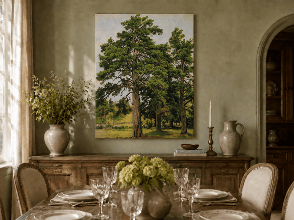 Unframed hand-painted woodland meadow oil painting with a grove of tall pine trees displayed above a formal dining table.
