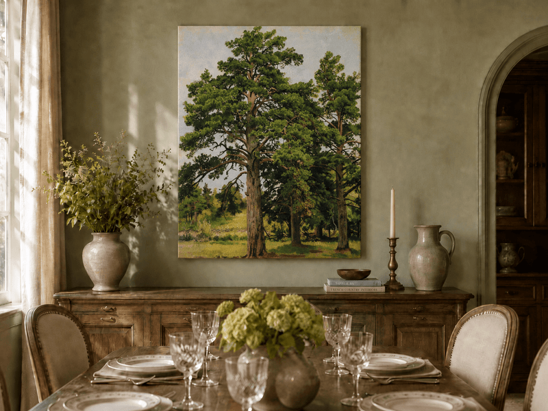 Unframed hand-painted woodland meadow oil painting with a grove of tall pine trees displayed above a formal dining table.