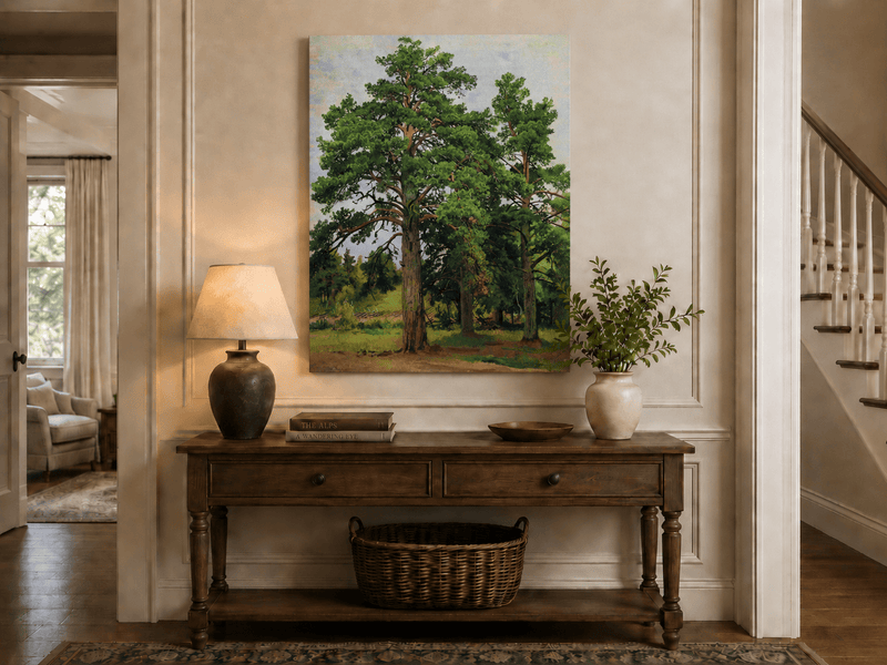 Unframed hand-painted woodland meadow oil painting with a grove of tall pine trees displayed above an entryway console table.