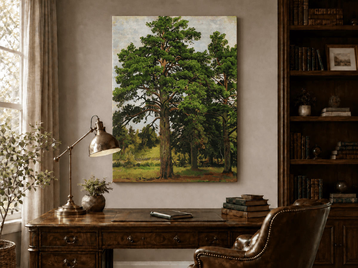 Unframed hand-painted woodland meadow oil painting with a grove of tall pine trees displayed above a traditional home office desk.