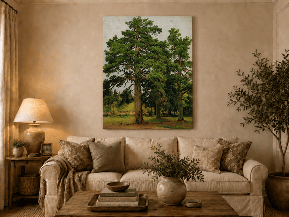 Unframed hand-painted woodland meadow oil painting with a grove of tall pine trees displayed above a neutral living room sofa.
