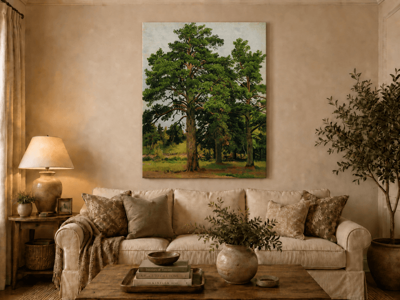Unframed hand-painted woodland meadow oil painting with a grove of tall pine trees displayed above a neutral living room sofa.
