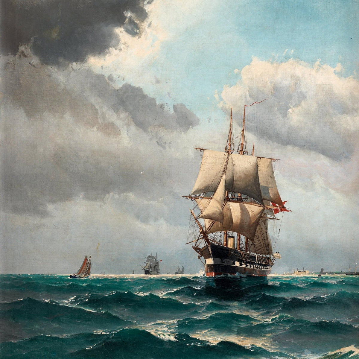 Hand-painted tall sailing ship on open sea nautical oil painting on canvas