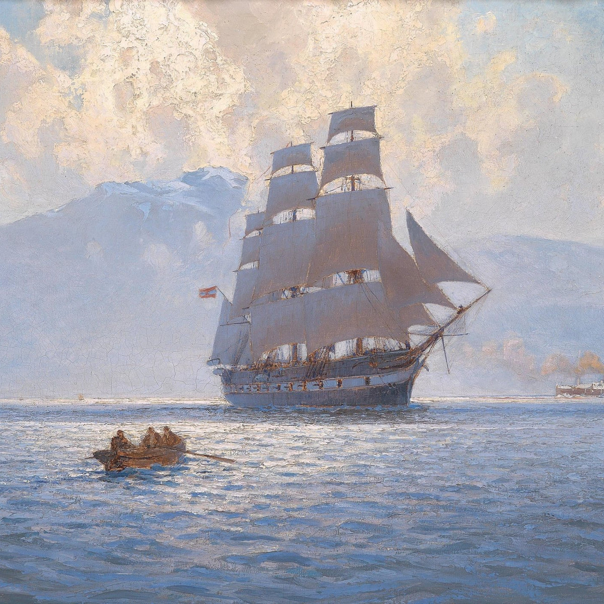 Hand-painted tall ship at sea with mountain view nautical oil painting on canvas