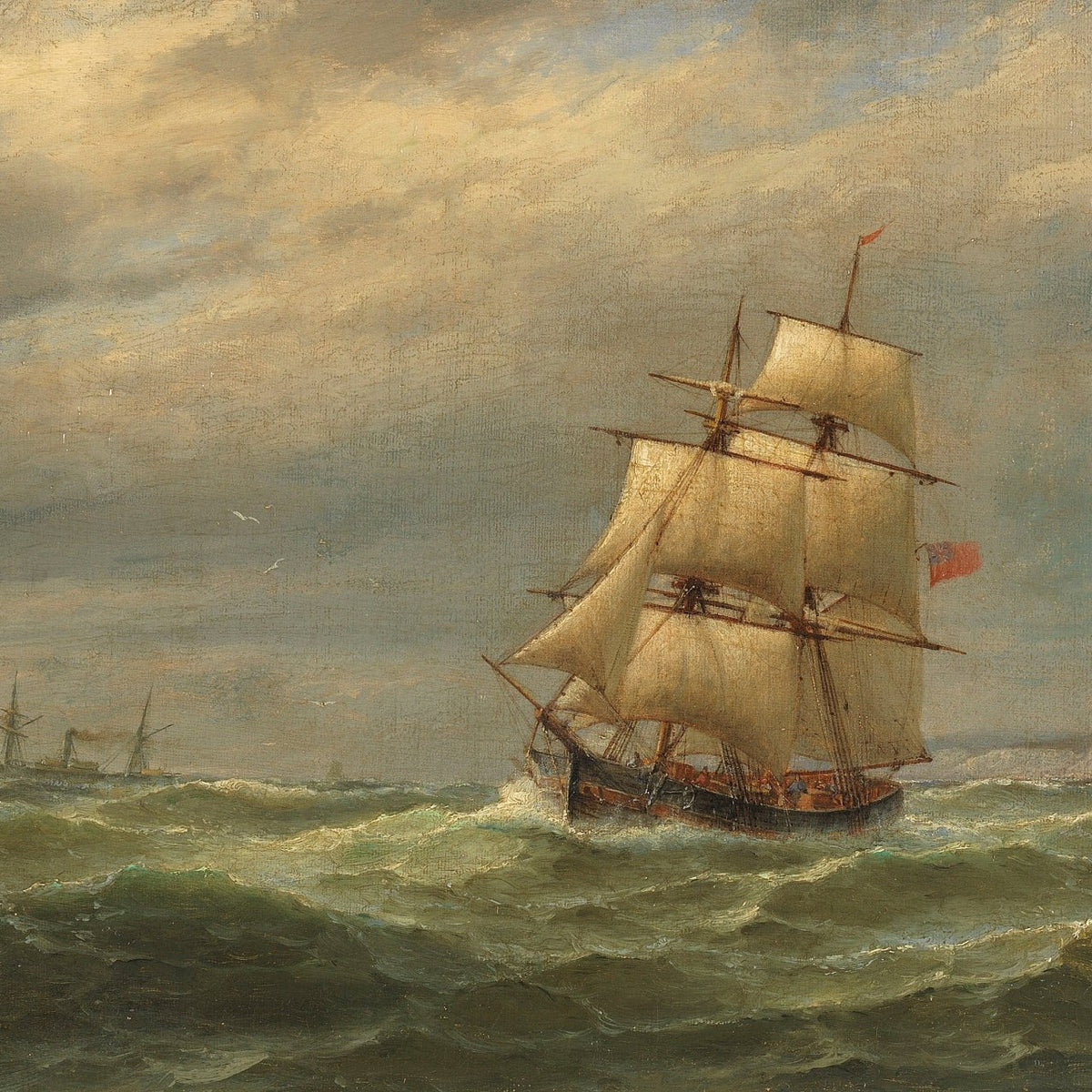 Hand-painted tall ship on rolling sea nautical oil painting on canvas