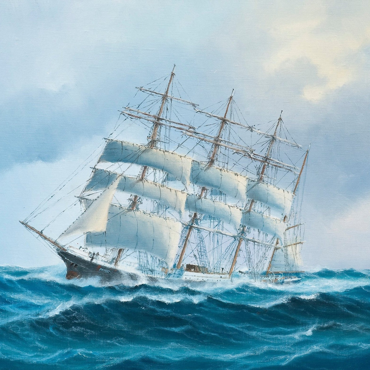 Hand-painted tall ship on rough seas nautical oil painting on canvas