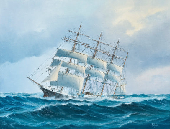 Hand-painted tall ship on rough seas nautical oil painting on canvas