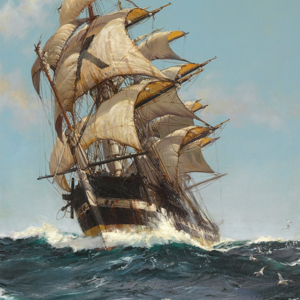 Hand-painted tall ship with full sails on blue sea nautical oil painting on canvas