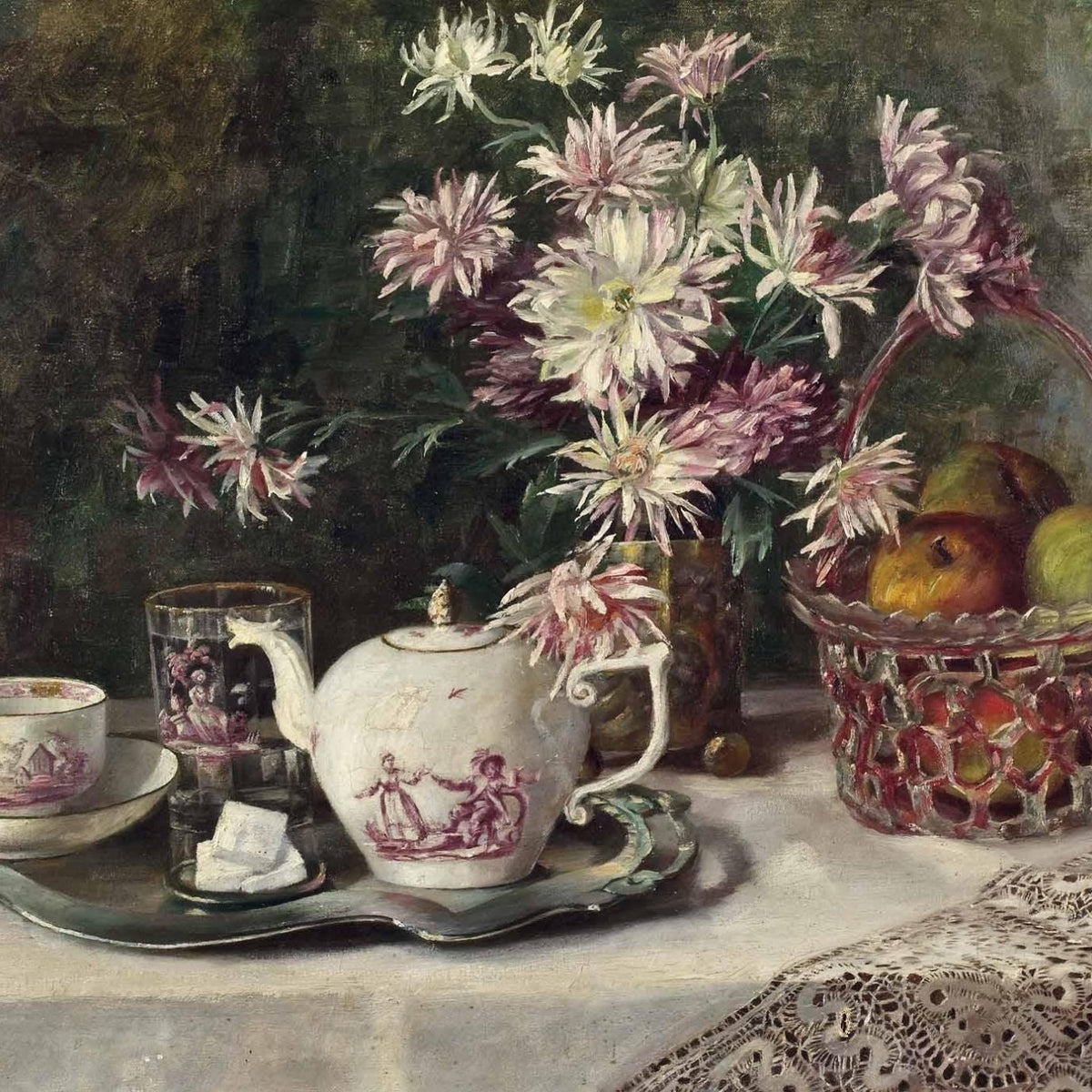 Tea Table with Flowers and Fruit Basket – Floral Oil Painting - Oil Painting Haven