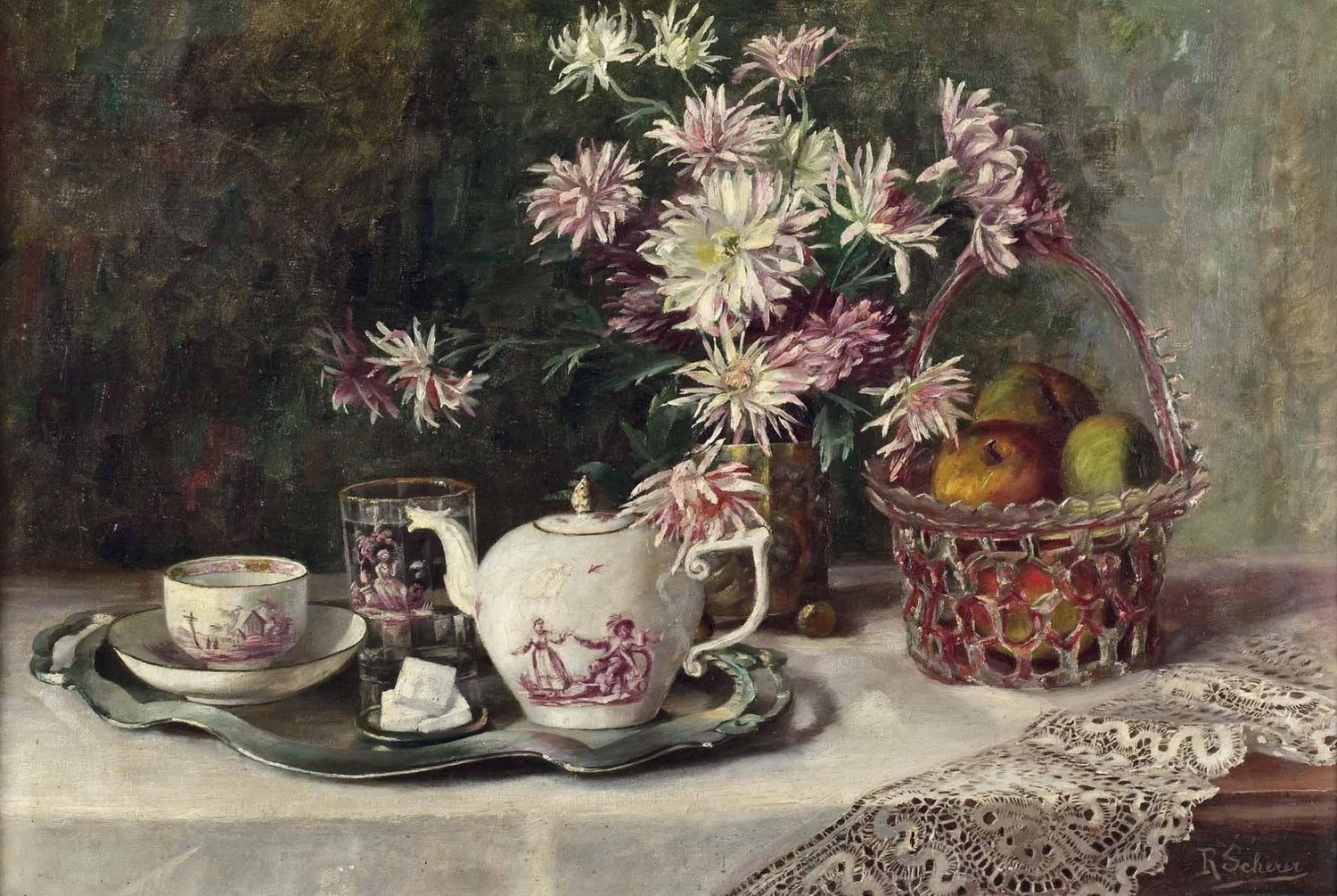 Tea Table with Flowers and Fruit Basket – Floral Oil Painting - Oil Painting Haven