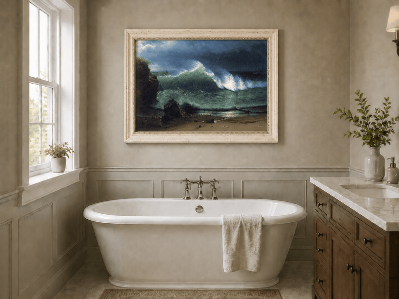 Framed hand-painted stormy seascape oil painting with a towering ocean wave displayed above a freestanding bathtub.