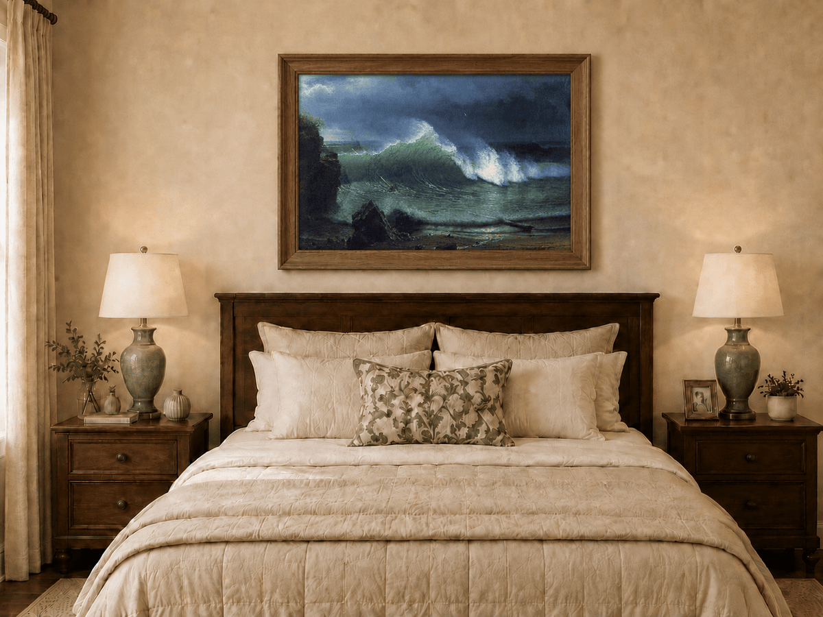 Framed hand-painted stormy seascape oil painting with a towering ocean wave displayed above a wooden bed in a neutral bedroom.