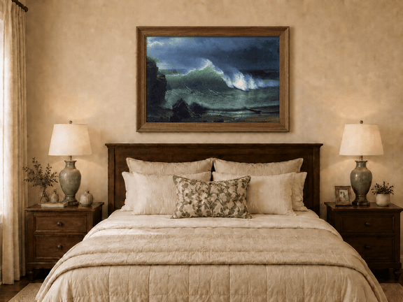 Framed hand-painted stormy seascape oil painting with a towering ocean wave displayed above a wooden bed in a neutral bedroom.