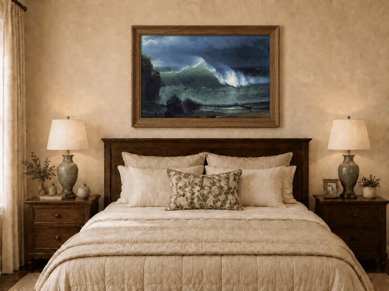 Framed hand-painted stormy seascape oil painting with a towering ocean wave displayed above a wooden bed in a neutral bedroom.