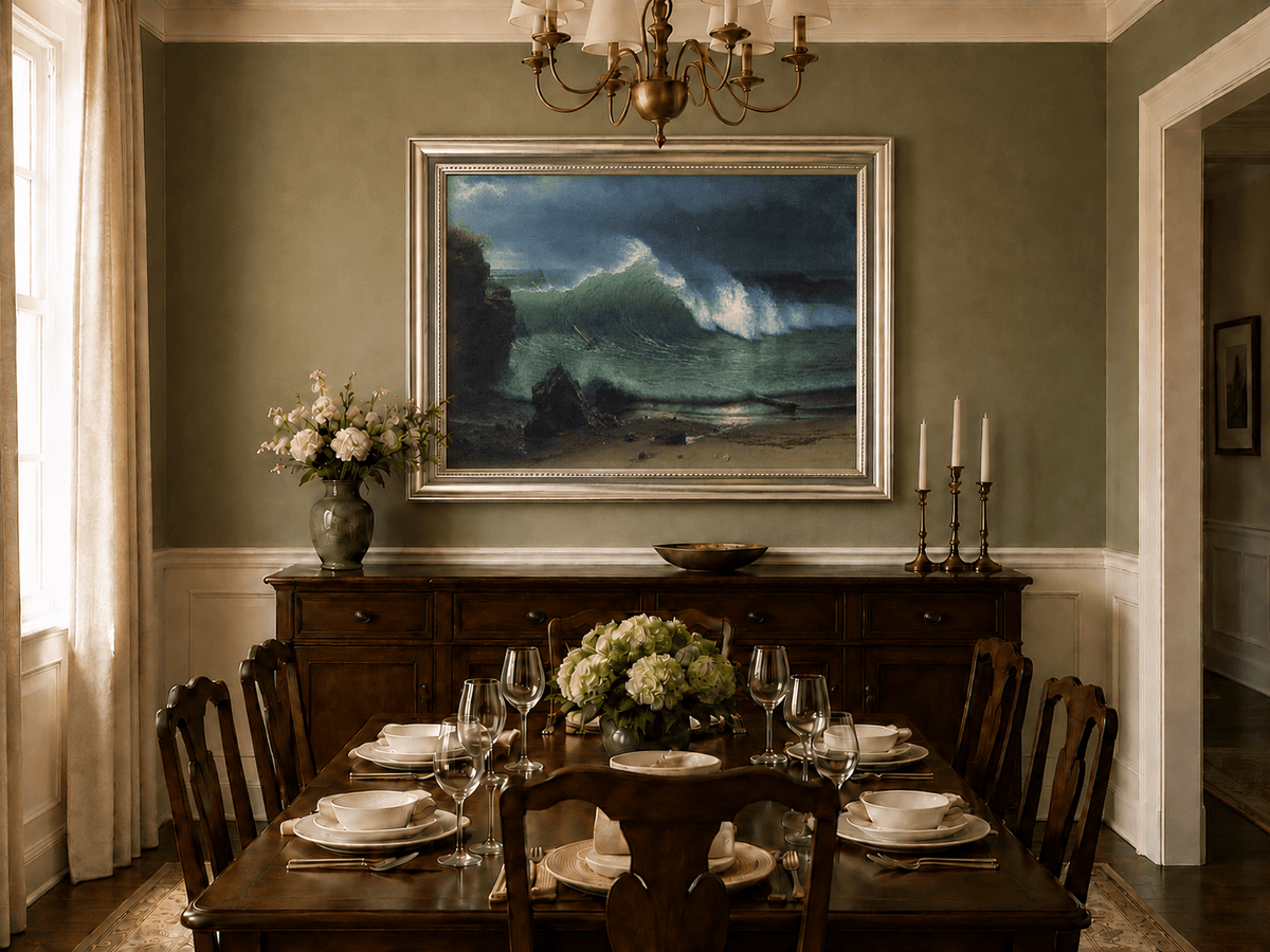 Framed hand-painted stormy seascape oil painting with a towering ocean wave displayed above a formal dining table.