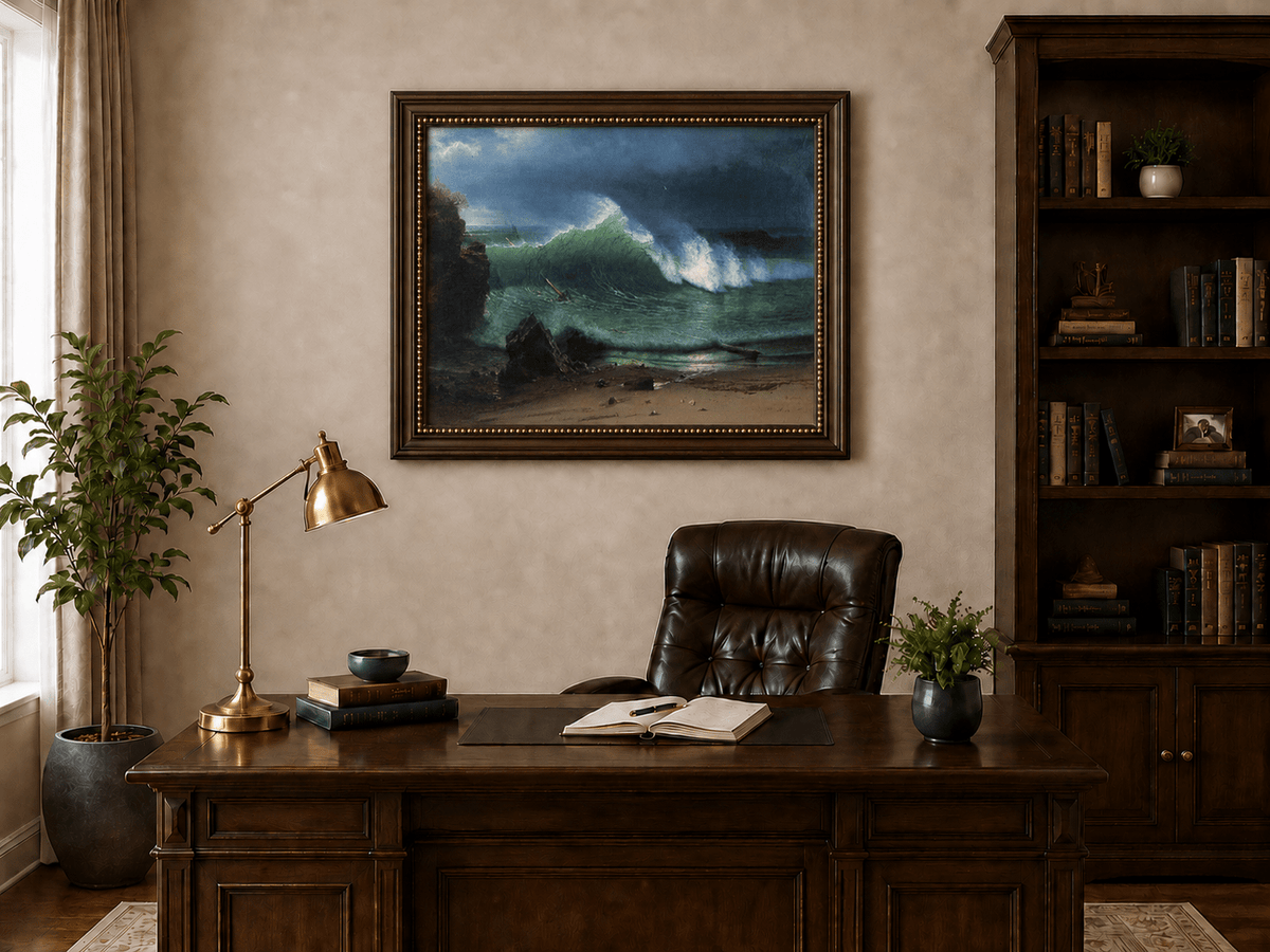 Framed hand-painted stormy seascape oil painting with a towering ocean wave displayed above a traditional home office desk.