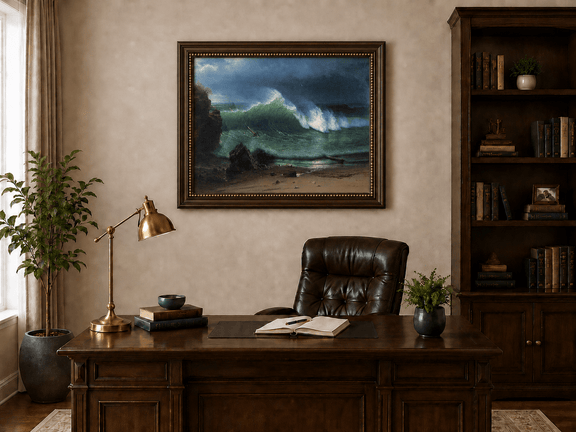 Framed hand-painted stormy seascape oil painting with a towering ocean wave displayed above a traditional home office desk.
