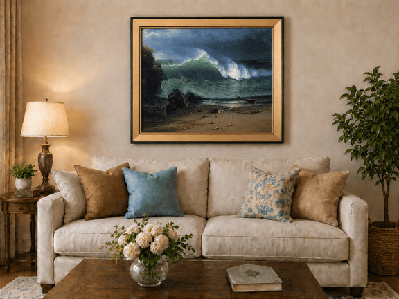 Framed hand-painted stormy seascape oil painting with a towering ocean wave displayed above a neutral living room sofa.
